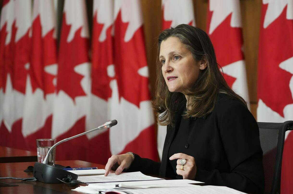 Minister of Finance and Deputy Prime Minister Chrystia Freeland holds a press conference in Ottawa on Wednesday, Nov. 24, 2021. Canada Pension Plan contributions are going up again by more than originally planned, and the reason again lies with the unique impacts of the pandemic on the labour market. THE CANADIAN PRESS/Sean Kilpatrick