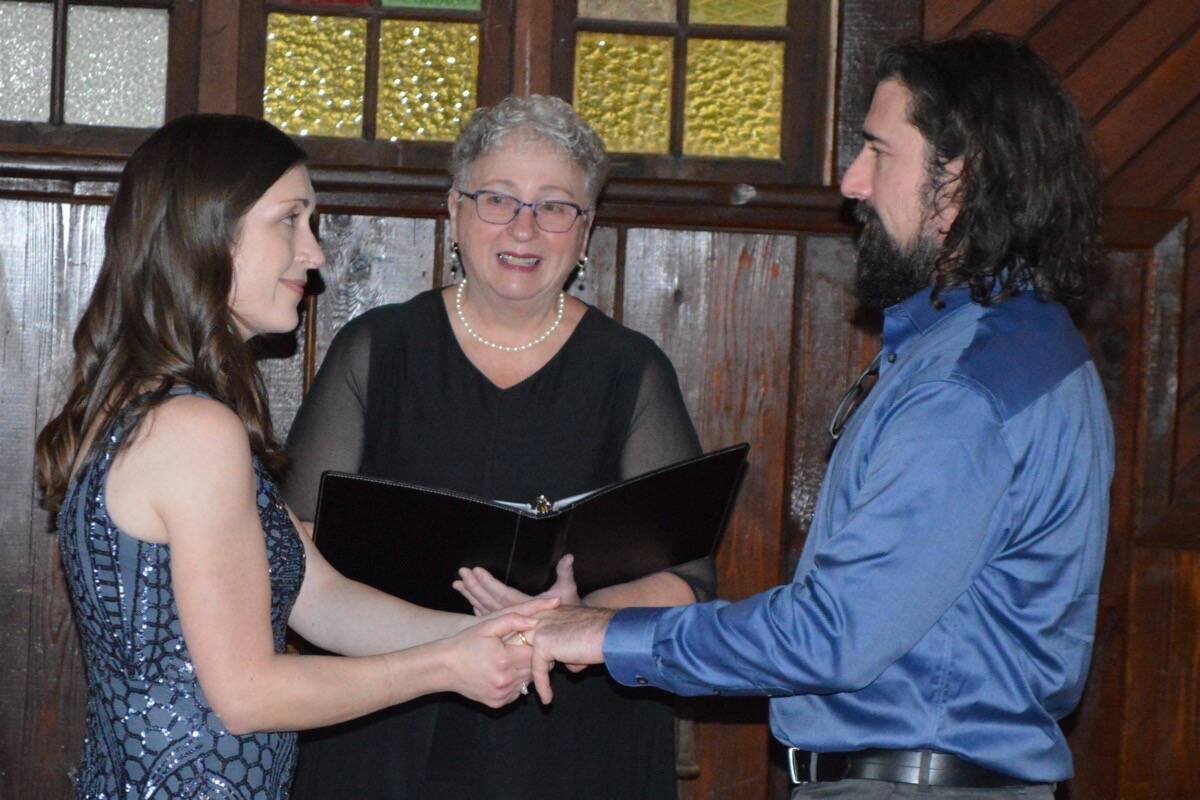 Kristian McIntyre and Karen Thompson in the old Knox Church, where his parents and sister were previously married. The wedding ceremony was conducted by Parksville marriage commissioner Carol Nelson. (Michael Briones photo)