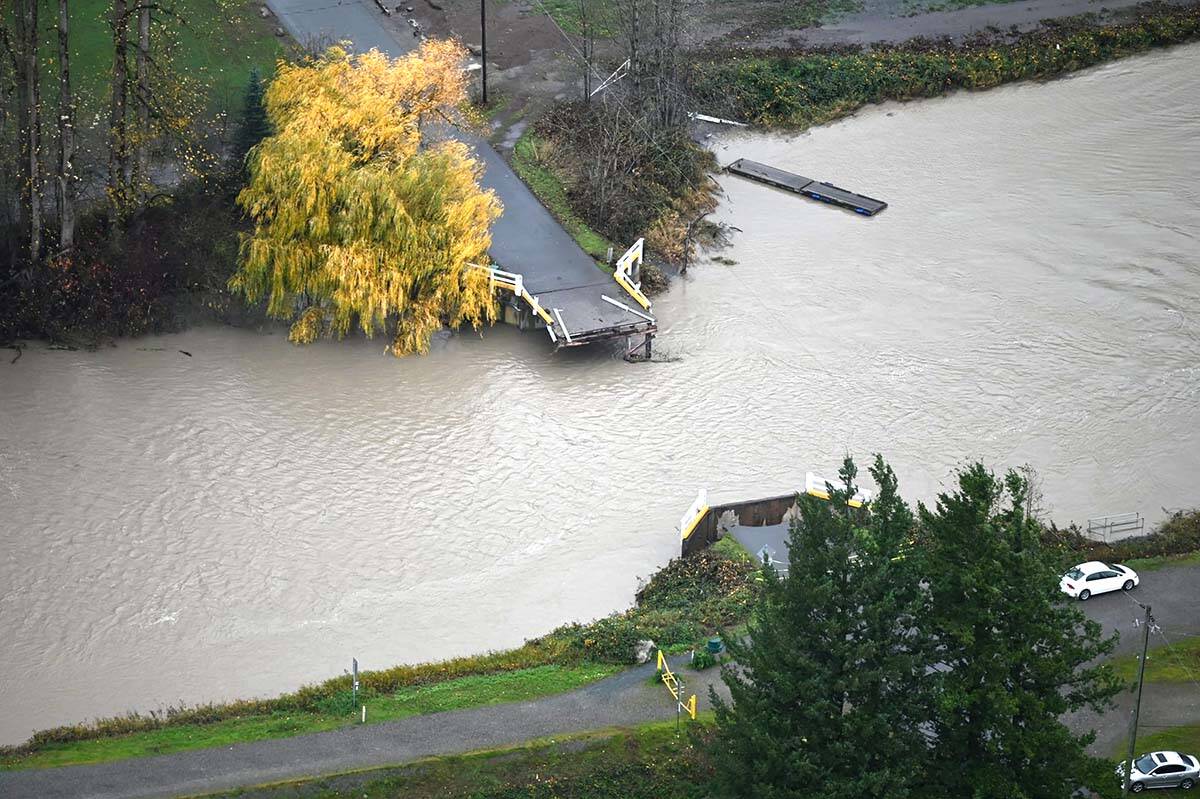 The bridge leading to the Abbotsford Fish and Game Club (AFGC) was washed out when massive flooding hit the region in mid-November. (Photo: Abbotsford Police Department)