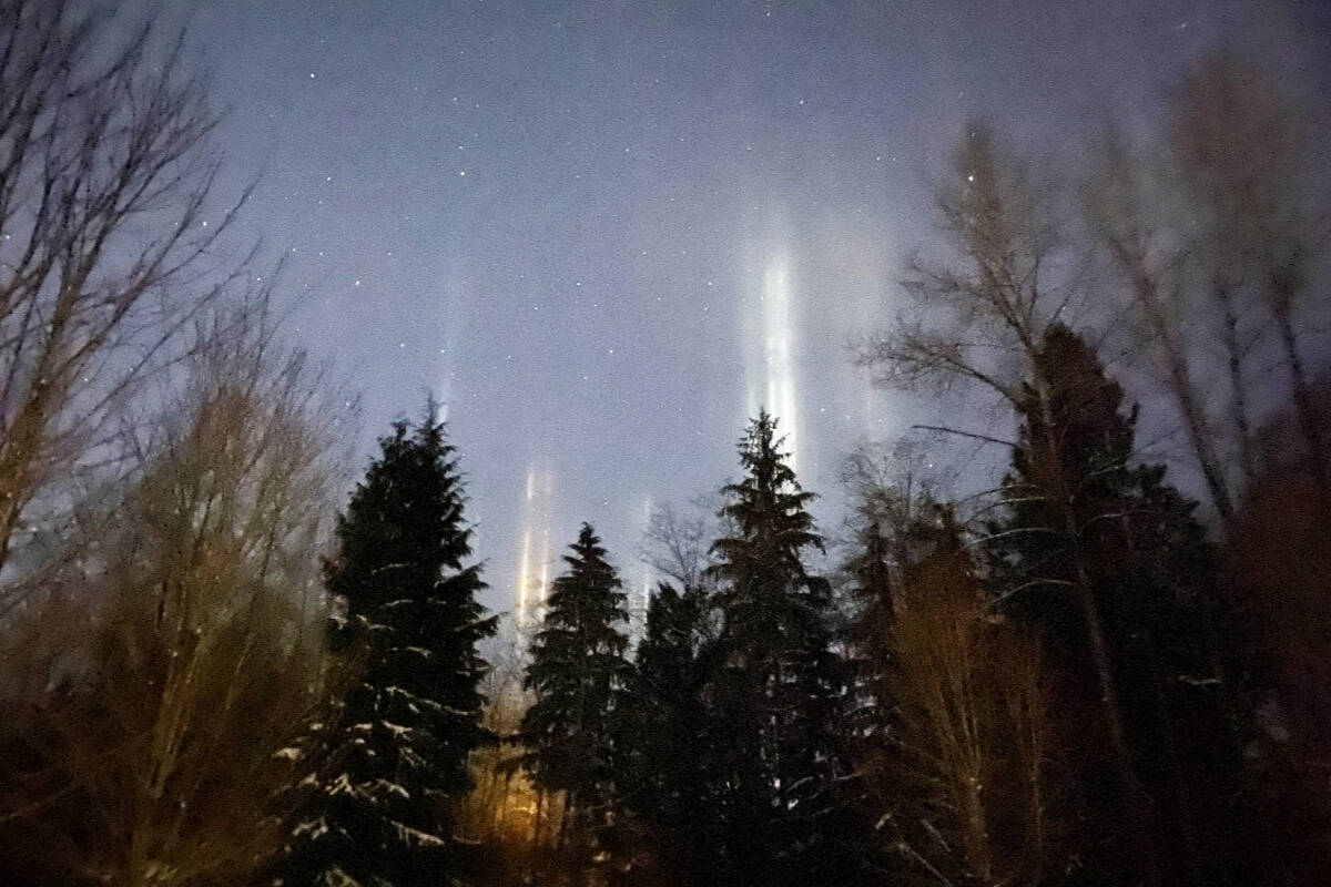 Light pillars formed by Sarah-Jane Pepper’s home in the Webster’s Corners area. (Sarah-Jane Pepper/Special to The News)
