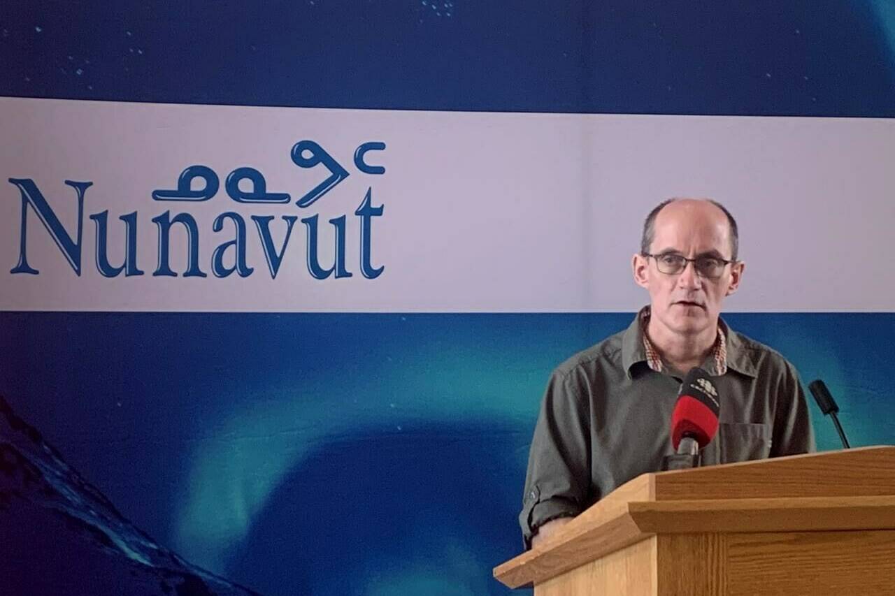 Nunavut’s chief public health officer Dr. Michael Patterson speaks to reporters during a press conference in Iqaluit on Monday, May 31, 2021.The latest wave of COVID-19 is bringing some remote communities in Canada to the breaking point, as case numbers explode. THE CANADIAN PRESS/Emma Tranter