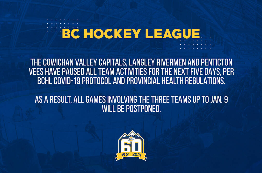 BCHL statement about COVID cancellations. (Screenshot from cowichancapitals.com)