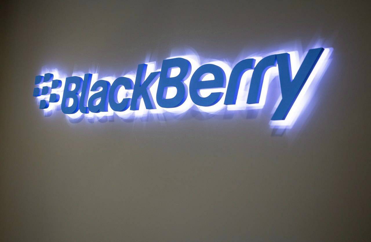 The Blackberry logo located in the lobby of the company's B building in Waterloo, Ont. on Tuesday, May 29, 2018. THE CANADIAN PRESS/Andrew Ryan