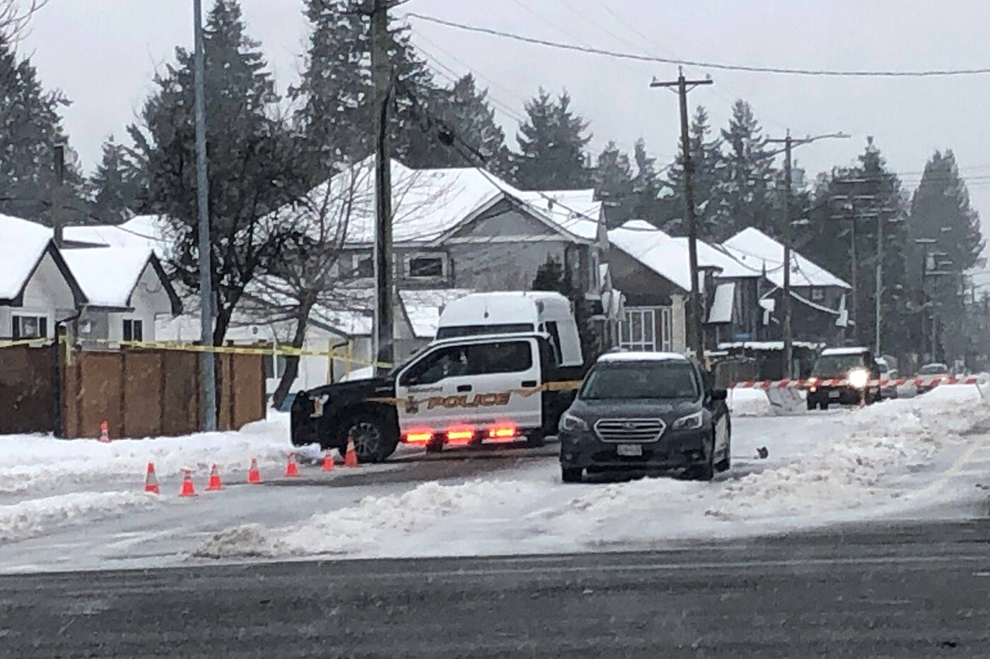 Abbotsford Police were at Peardonville Park (southwest corner of Clearbrook and Peardonville roads) on the morning of Saturday, Jan. 8, 2022 where a man was found with stab wounds. (John Morrow/ Abbotsford News)