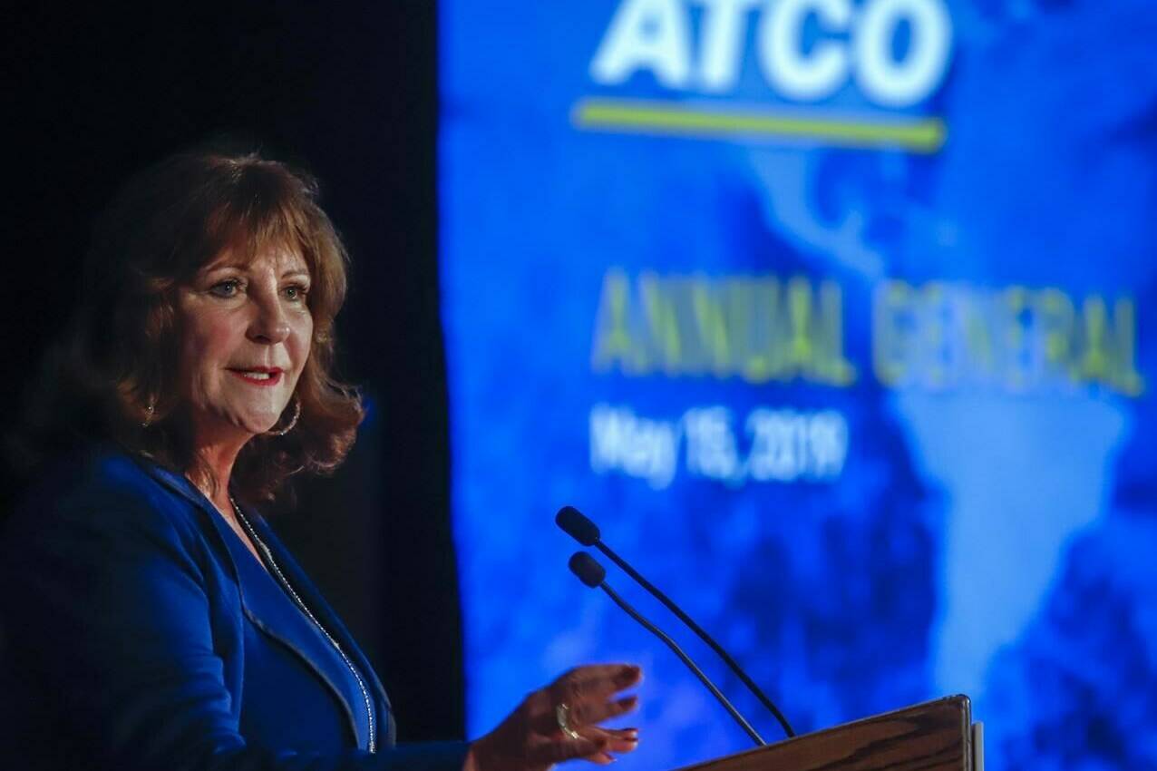 ATCO chief executive officer Nancy Southern addresses the company's annual meeting in Calgary, Wednesday, May 15, 2019. Alberta's utilities regulator has ruled on whether a consumer's group can address an investigation into alleged wrongdoing by one of the province's main power providers. THE CANADIAN PRESS/Jeff McIntosh