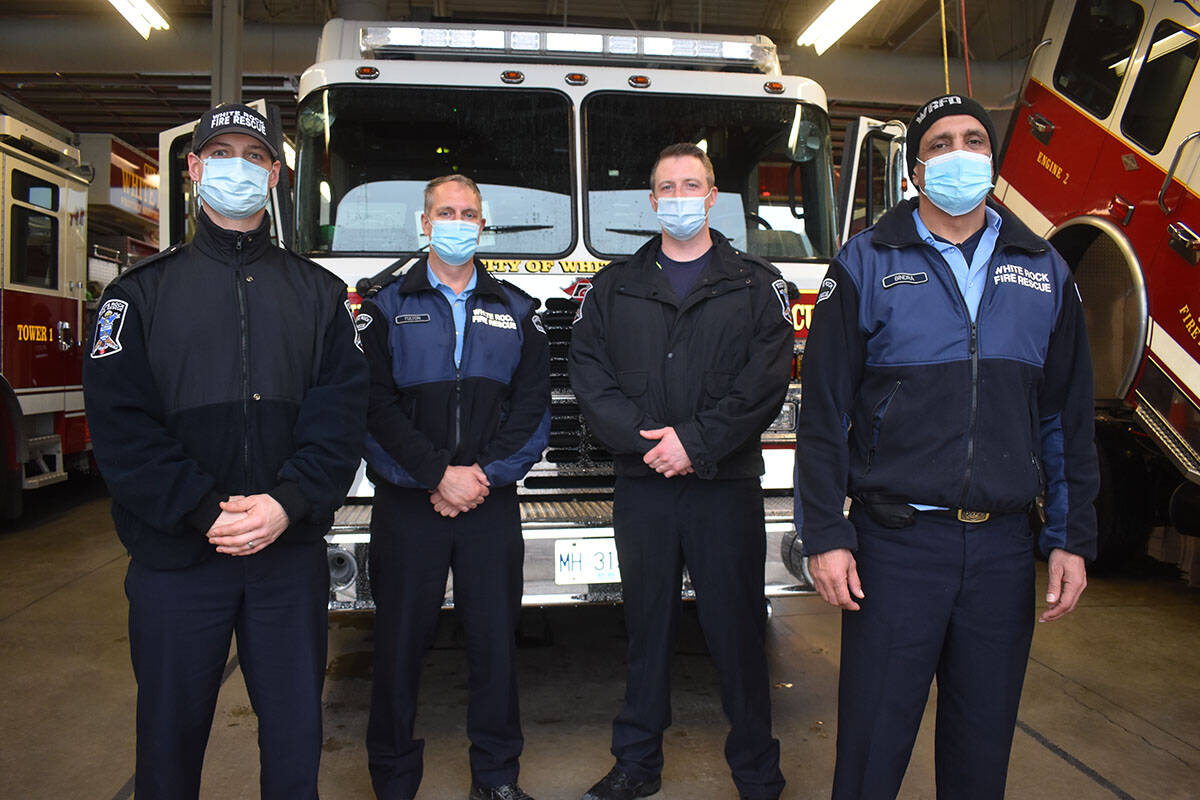 White Rock firefighters (left to right) Scott Pearson, Capt. Cordell Fulton, Cory McKinnon and Bira Bindra say they were happy to be there to assist in delivering a premature baby girl in a Columbia Avenue residence on Jan. 11. Alex Browne photo