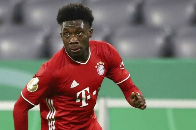 File- File picture taken Oct.15, 2020 shows Bayern’s Alphonso Davies during the 1st round German Soccer Cup match between FC Bayern Munich and FC Duren, at the Allianz Arena in Munich, Germany. (AP Photo/ Matthias Schrader, file)