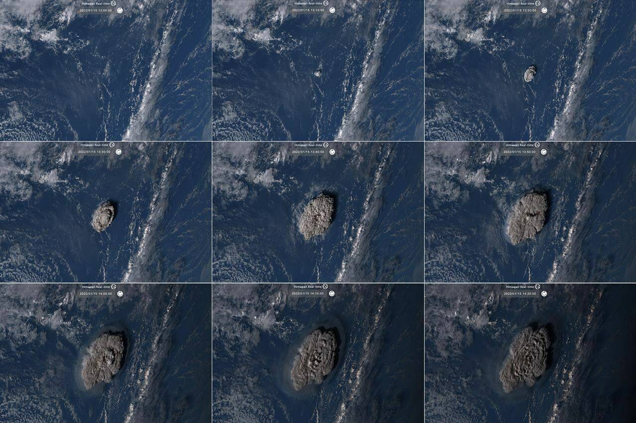 This combination of satellite images taken by Himawari-8, a Japanese weather satellite operated by Japan Meteorological Agency and released by National Institute of Information and Communications Technology (NICT), shows an undersea volcano eruption of the Pacific nation of Tonga Saturday, Jan. 15, 2022. (NICT via AP)