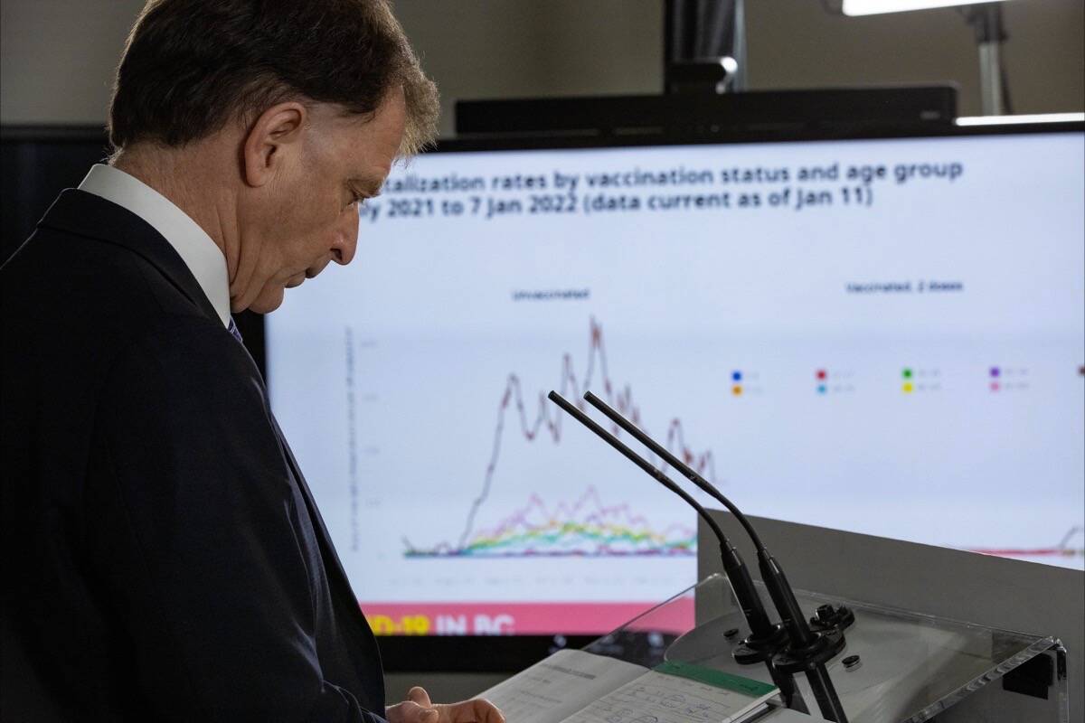 B.C. Health Minister Adrian Dix takes questions about the B.C. Centre for Disease Control’s latest analysis of COVID-19 health impact, Vancouver cabinet offices, Jan. 14, 2022. (B.C. government photo)