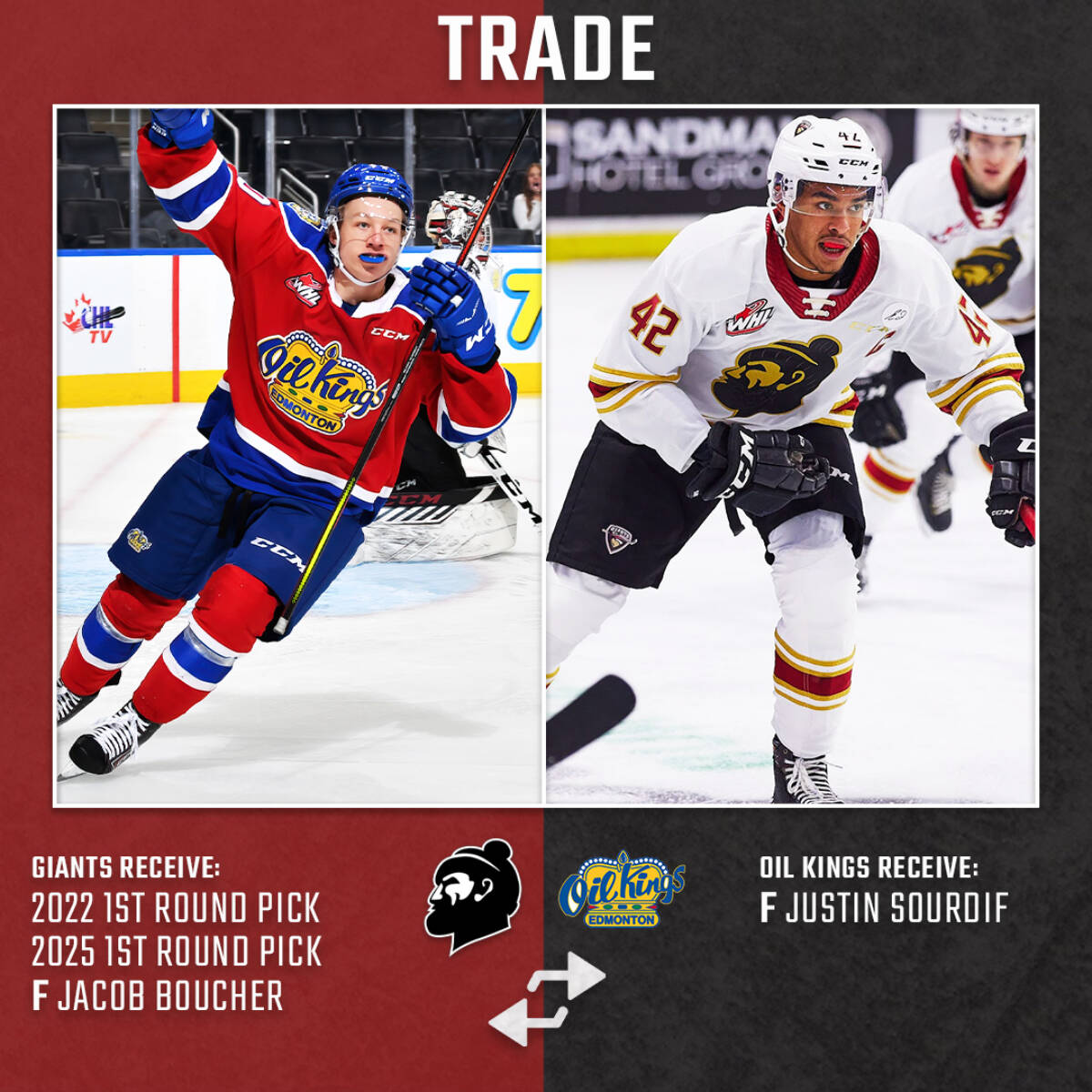 Vancouver Giants captain Justin Sourdif has been traded to the Edmonton Oil Kings in return for forward Jacob Boucher and two first round picks. (Special to Advance Times)