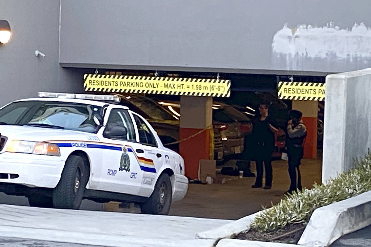 RCMP on scene of a Jan. 18, 2021 shooting in a Langley City parking garage. The accused in the case is now in custody awaiting a court hearing. (Lisa Farquharson/Langley Advance Times)