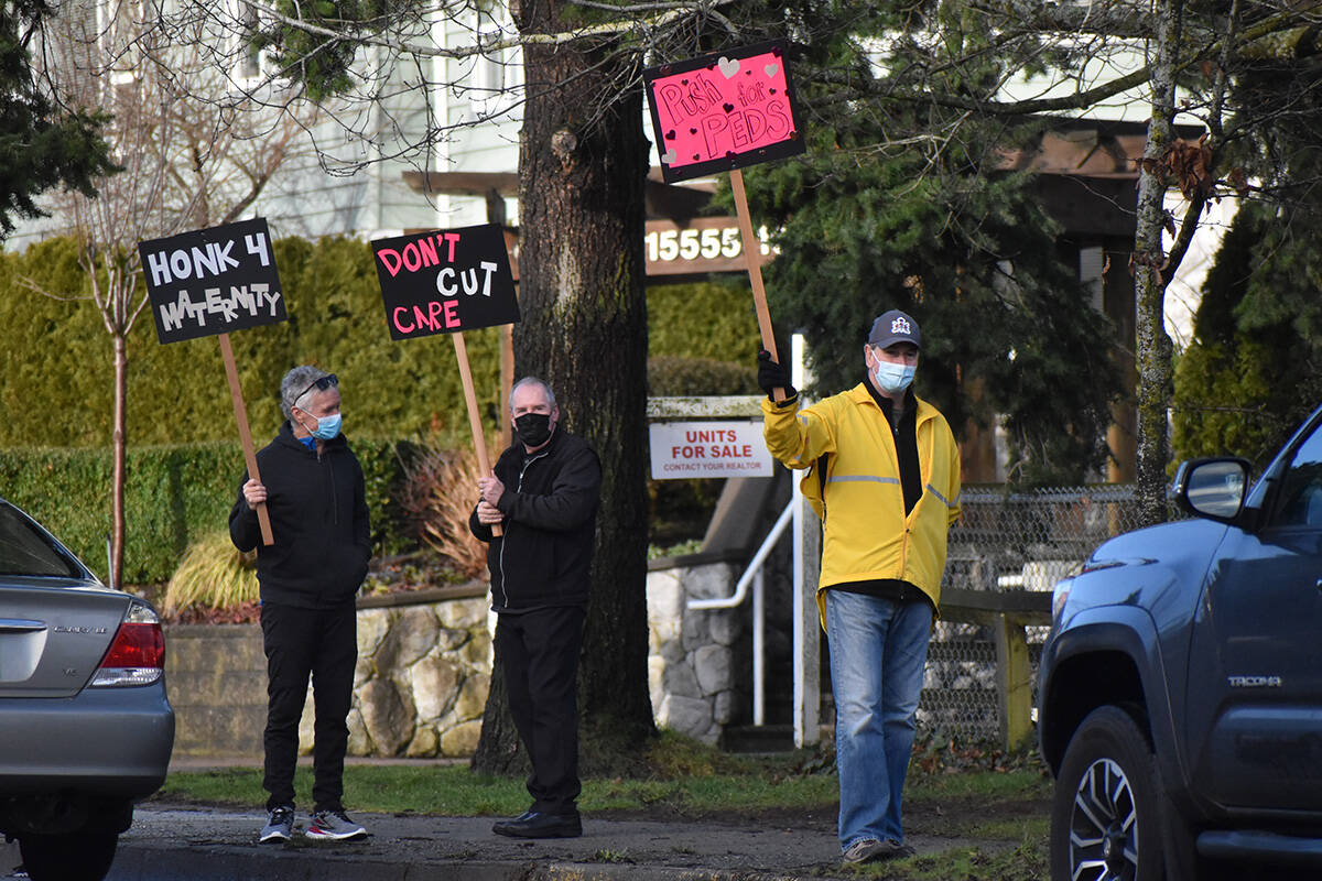 A protest of about 75 people gathered at Peace Arch Hospital Thursday afternoon to show the community's frustration with a Fraser Health decision to temporarily close the maternity ward. (Aaron Hinks photo)