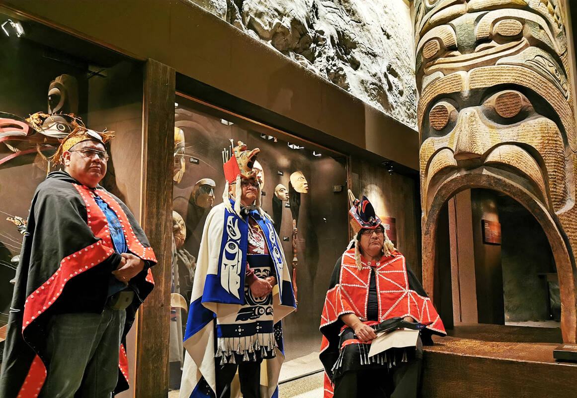 Hereditary Chiefs Aaron Hans, Jeffery Snow and Snuxyaltwa (as known as Deric Snow) visit the Royal BC Museum in Victoria which houses family poles. (Mercy Snow photo)