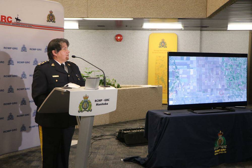 Manitoba RCMP Assistant Commissioner Jane MacLatchy holds a news conference in Winnipeg on Thursday Jan. 20, 2022. Mounties in Manitoba say they have found the bodies of four people — including an infant and a teen — near the United States border. (Kelly Geraldine Malone/The Canadian Press via AP)