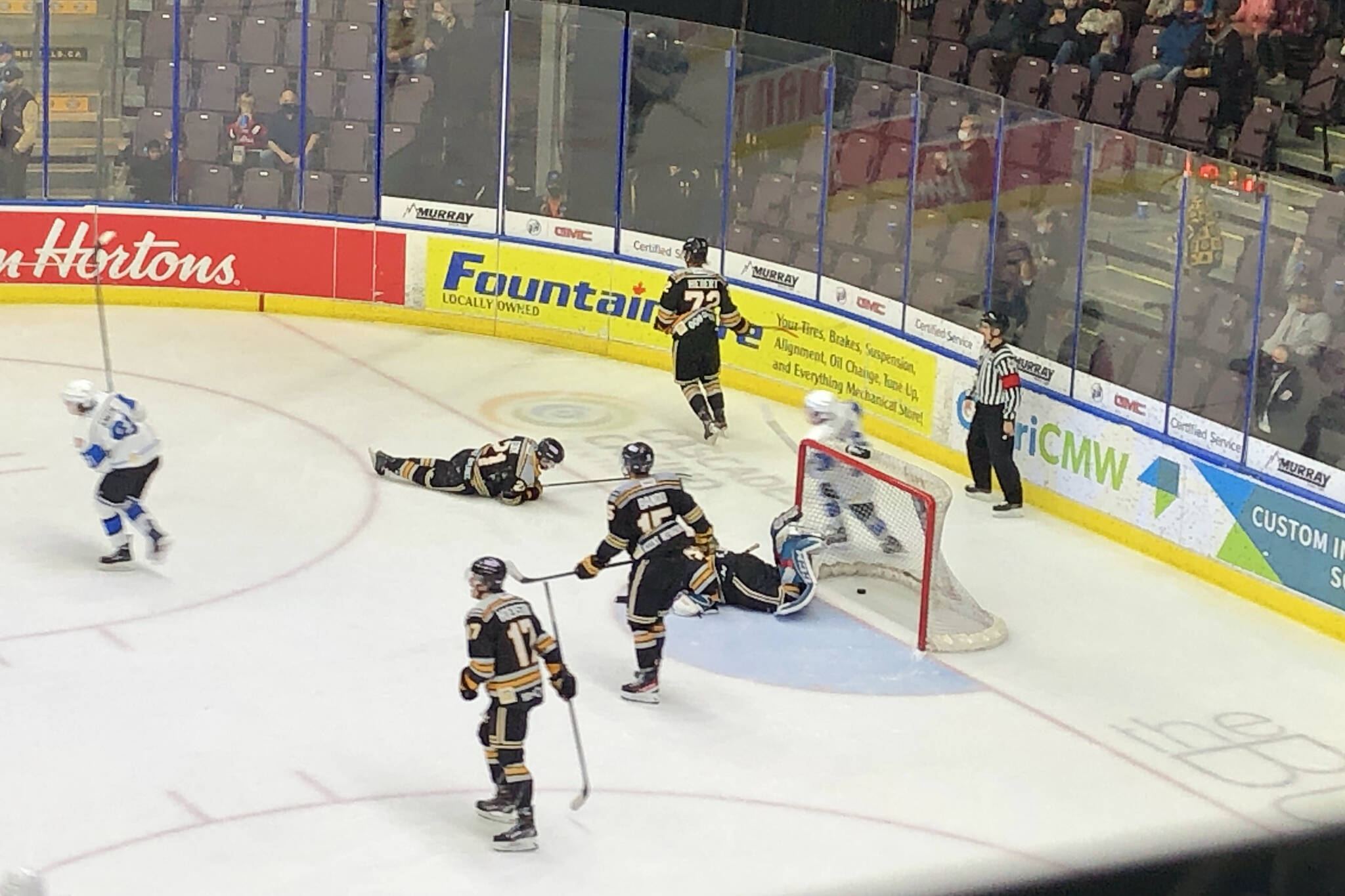 Penticton Vees’ Luc Wilson completed his three-point night, adding a goal on the powerplay to extend the Vees lead to 5-3 in the third in home ice hockey action against the Victoria Grizzlies in a game in November, 2021. (Monique Tamminga Western News)