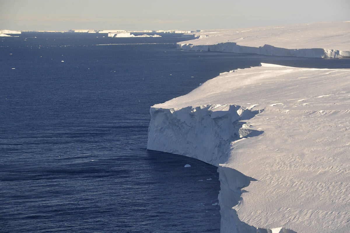 FILE – This 2020 photo provided by the British Antarctic Survey shows the Thwaites glacier in Antarctica. Starting Thursday, Jan. 6, 2021, a team of scientists are sailing to the massive but melting Thwaites glacier, the place in the world that’s the hardest to get to, so they can better figure out how much and how fast seas will rise because of global warming eating away at Antarcticaâ€™s ice. (David Vaughan/British Antarctic Survey via AP)