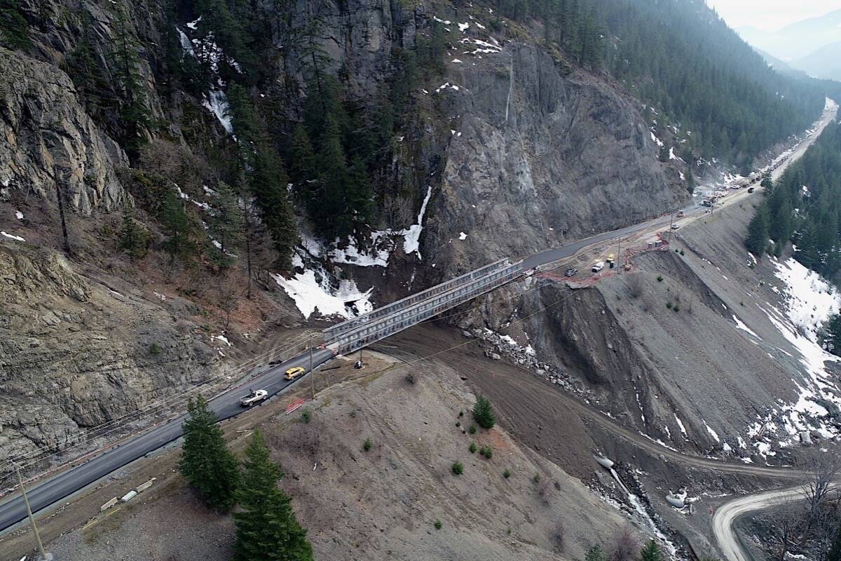 Temporary bridge across 70-metre gap in Highway 1 in the Fraser Canyon at Jackass Mountain allowed the key B.C. Interior route to reopen Jan. 24, 2022. (B.C. government photo)