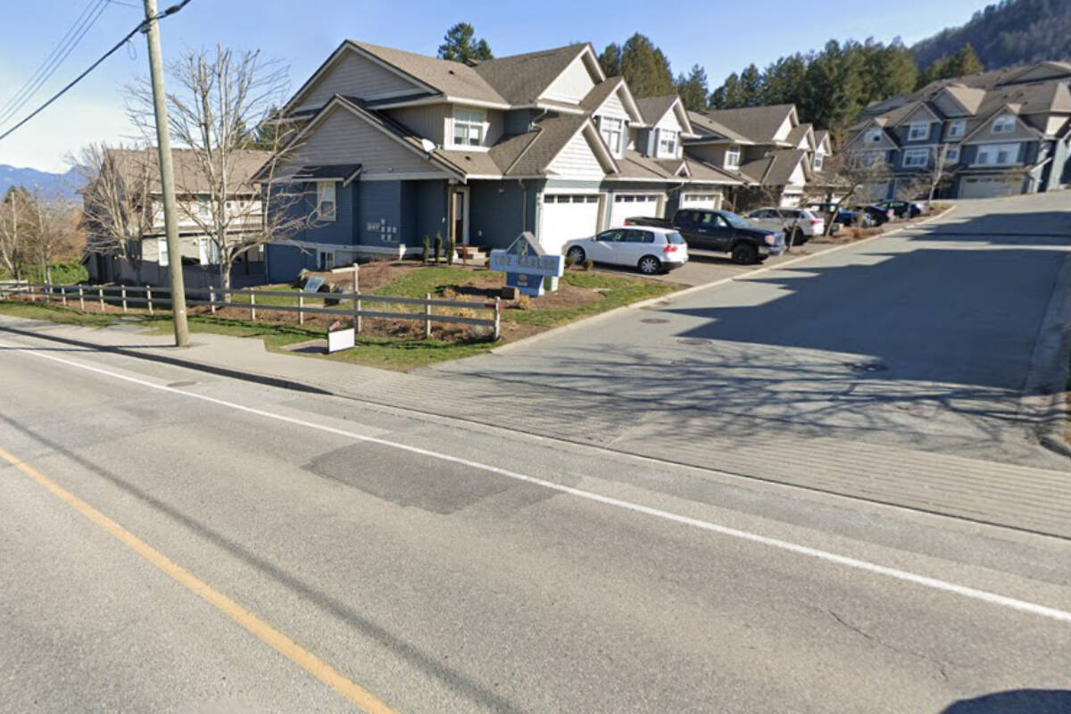 A Chilliwack cyclist was awarded $1.14 million in B.C. Supreme Court on Jan. 19, 2022 after he was struck in the bike lane by a driver turning in to this townhouse complex on Promontory Road in 2014. (Google Maps)