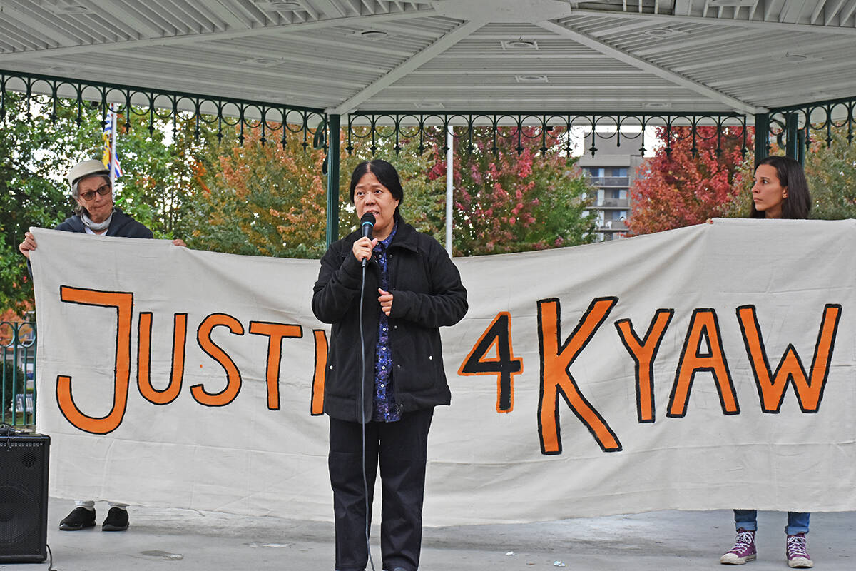 Yin Yin Din, sister of Kyaw Din who was shot by police, speaks at a rally in Maple Ridge in the months after the shooting. (The News files)