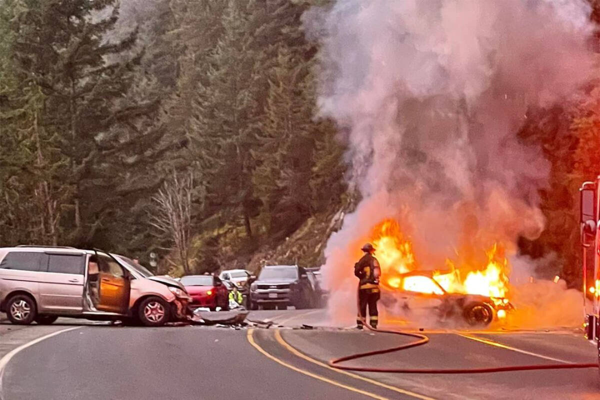 Highway 99 was closed after a fiery collision that sent two people to hospital in serious condition. (Submitted photo)