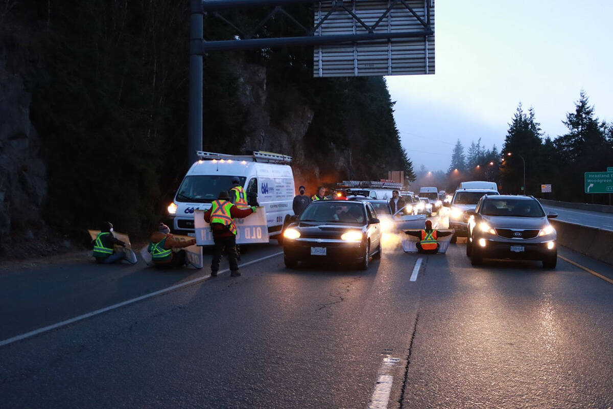 Old growth logging protesters blocked Hwy. 1 near Horseshoe Bay on Wednesday, Jan. 26, 2022. (Manav Arora/Save Old Growth)