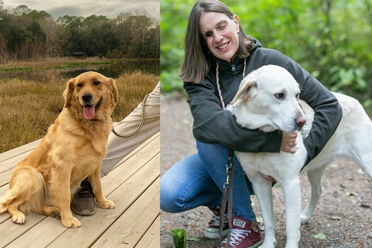Jessica Tuomela, right with current guide dog Brandy, will be joined in a professional capacity next month by Lucy the golden retriever. The duo will assist in locating missing people from vulnerable populations. (Courtesy of Jessica Tuomela)