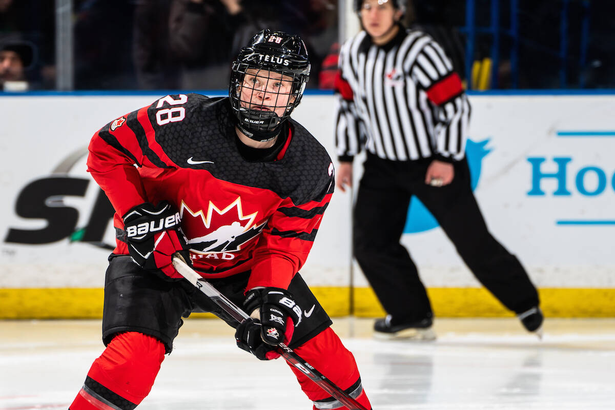 Vancouver Island’s Micah Zandee-Hart is competing in Beijing with the Canadian women’s hockey team. She’s seen here in the gold medal game of the 2018 Four Nations Cup women’s hockey tournament at the Sasktel Centre in Saskatoon, Saskatchewan. (Photo courtesy of Dave Holland/Hockey Canada Images)