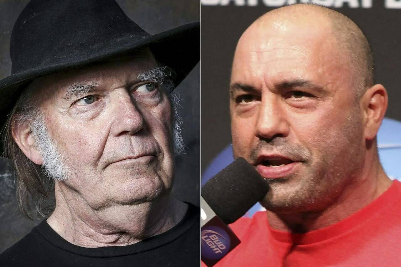 This combination photo shows Neil Young in Calabasas, Calif., on May 18, 2016, left, and UFC announcer and podcaster Joe Rogan before a UFC on FOX 5 event in Seattle on Dec. 7, 2012. Young fired off a public missive to his management on Monday, Jan. 24, 2022, demanding that they remove his music from the popular streaming service Spotify in protest over Rogan’s popular podcast spreading misinformation about COVID-19. But by Tuesday afternoon, his letter had been removed from his website, “Heart of Gold” and other hits were still streaming. (AP Photo)