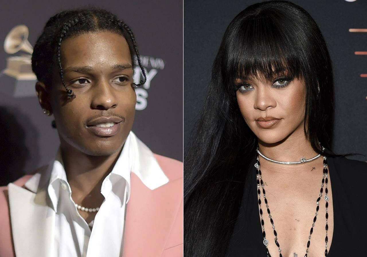 In this combination photo, A$AP Rocky attends the Pre-Grammy Gala And Salute To Industry Icons in Beverly Hills, Calif. on Feb. 9, 2019, left, and Rihanna attends her Savage X Fenty Show Vol. 3 premiere in New York on Sept. 22, 2021. A photo published on People.com shows the rapper with Rihanna who is exposing her baby bump, confirming the 33-year-old “Diamonds” singer and fashion mogul is pregnant with her first child. (AP Photo)