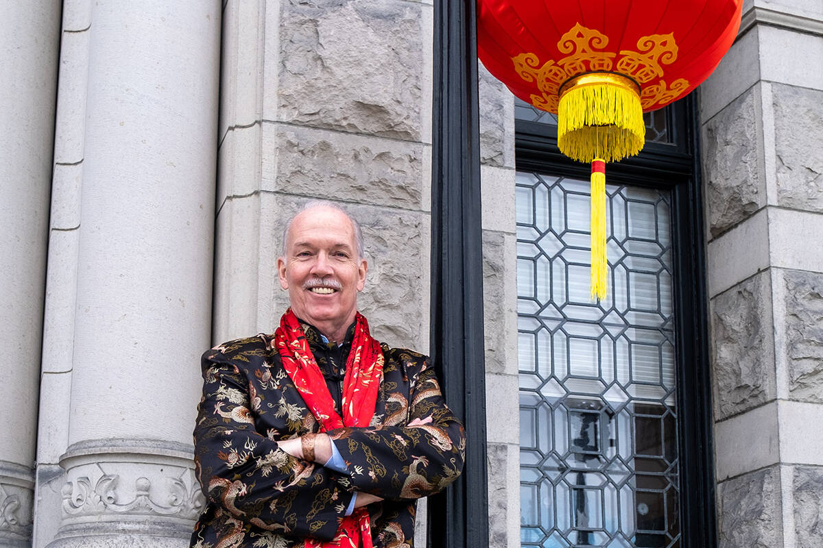 Premier John Horgan makes his first public appearance since completing cancer treatment for Lunar New Year at the B.C. legislature on Tuesday, Feb. 1, 2022. (John Horgan/Twitter)