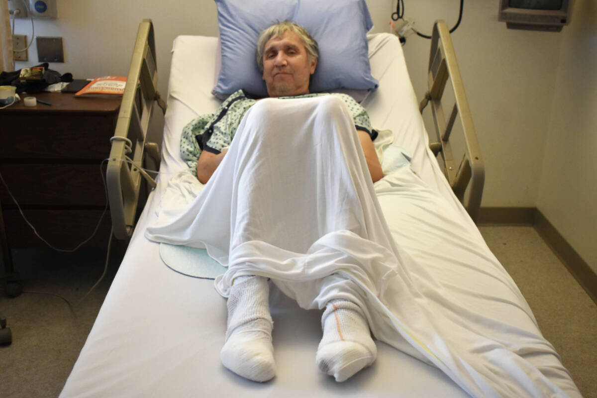 Ira Shaw recovers in Prince Rupert Regional Hospital on Jan. 20 after having portions of his toes amputated from frostbite. (Photo: K-J Millar/The Northern View)