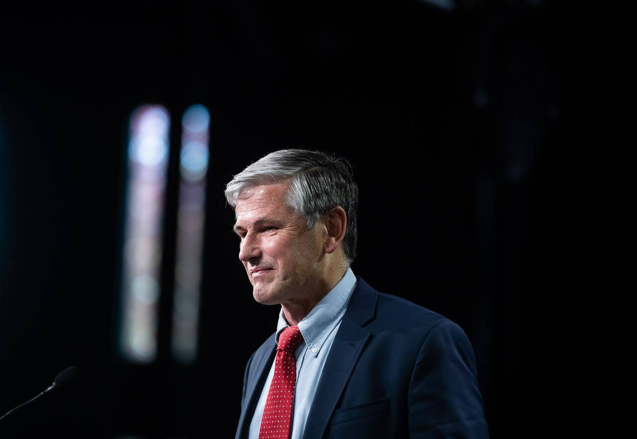 Former B.C. Liberal leader Andrew Wilkinson leaves the stage after announcing he was stepping down during a news conference in Burnaby on Monday, October 26, 2020. THE CANADIAN PRESS/Darryl Dyck