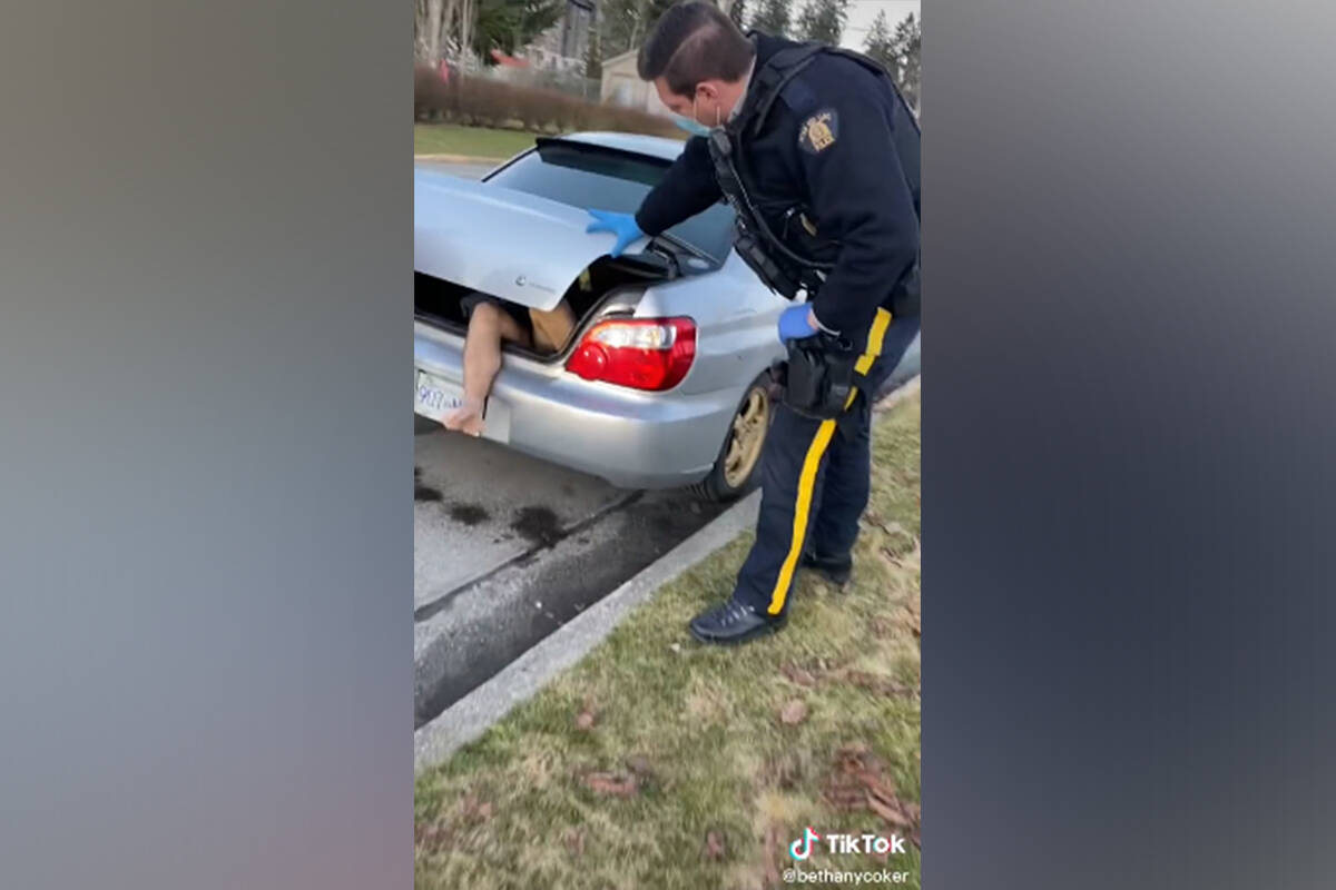 A woman in Nanaimo called police after she discovered, in her car trunk, a naked man who may have been hiding there for as long as three days. (@bethanycoker/TikTok image)