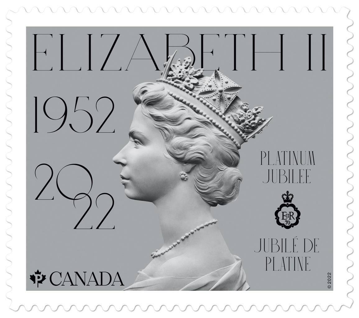 Canada Post released a new stamp to mark the platinum jubilee of Her Majesty Queen Elizabeth II, as shown in this handout image released on Sunday Feb. 6, 2022. The new issue celebrates 70 years since The Queen ascended the throne on February 6, 1952. THE CANADIAN PRESS/HO-Canada Post *MANDATORY CREDIT *