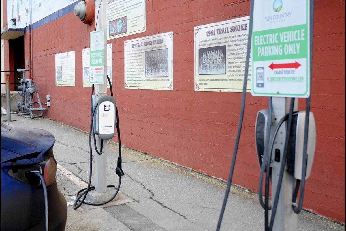 Fruitvale council’s decision to start having EV owners pay for power consumed at the municipal charging station brings up the question of who’s footing the bill elsewhere. In downtown Trail this EV was charging up early Monday morning at one of the free charging stations. Photo: Trail Times
