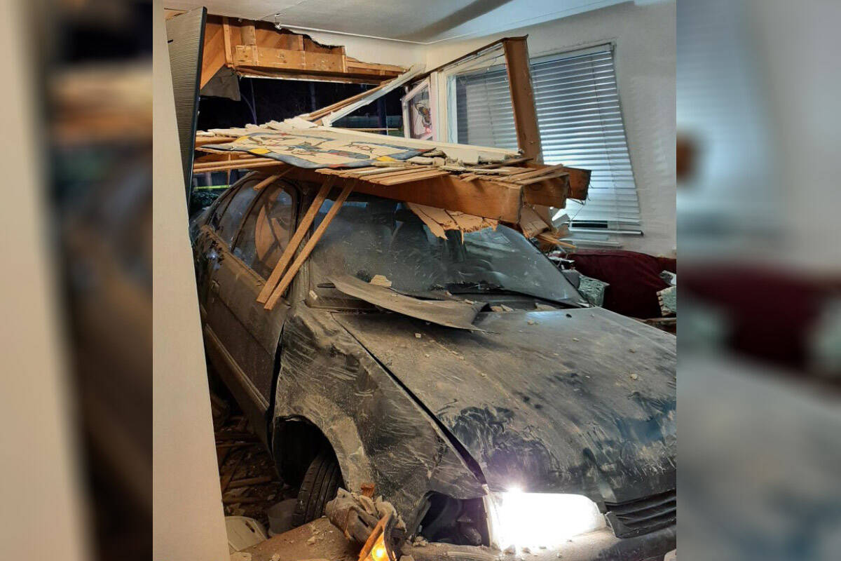 This car crashed into a Victoria apartment suite on Feb. 5. (Photo courtesy of VicPD)