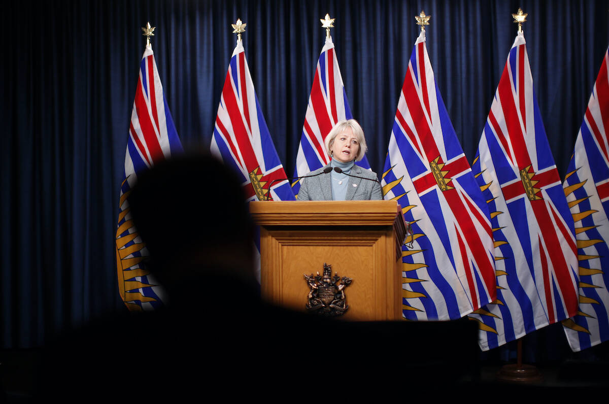 Provincial Health Officer Dr. Bonnie Henry discusses details about the latest restrictions announced around gatherings due to the surge of the COVID-19 variant Omicron during a press conference in Victoria on Tuesday, December 21, 2021. THE CANADIAN PRESS/Chad Hipolito