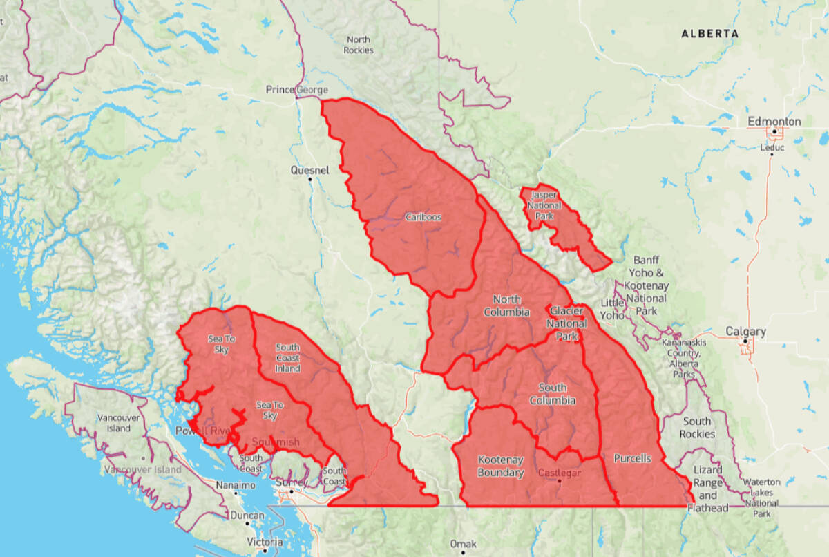 An avalanche warning has been issued for a widespread region across southern BC and Alberta. Avalanche Canada put out the notice Thursday, Feb. 10. It is effective immediately and runs through Sunday, Feb. 13.