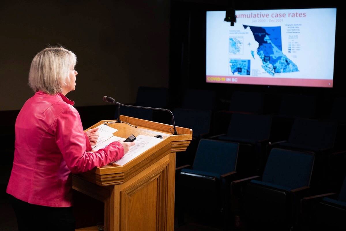 Provincial health officer Dr. Bonnie Henry described the regional spread of COVID-19 in a briefing from the B.C. legislature, Jan. 28, 2022. (B.C. government photo)