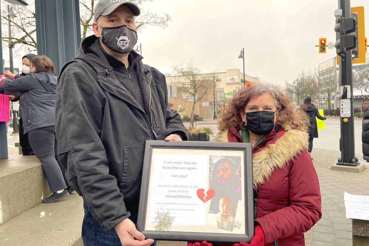 Dwayne and Michelle Thornhill remember their son, Aysa, at the Chilliwack rally at Five Corners, Feb. 10, 2022. (Jennifer Feinberg/ The Chilliwack Progress)