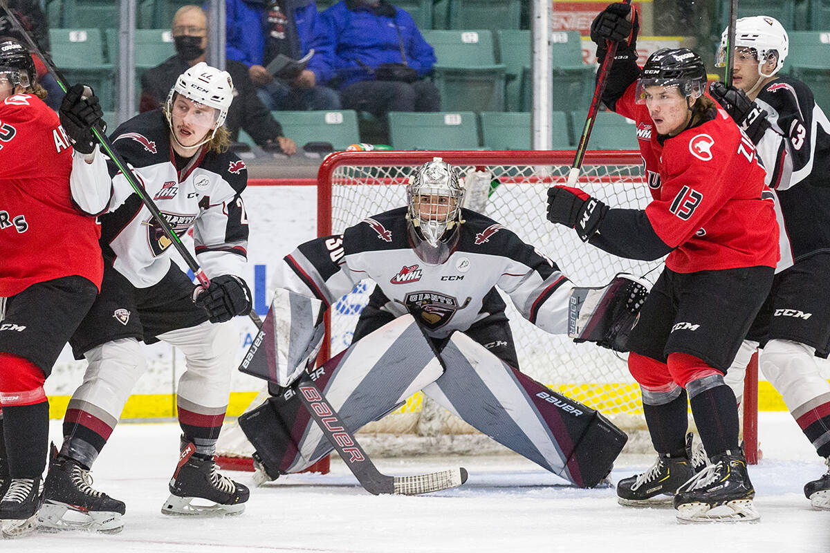 The Giants moved within a single point of the Cougars in the West standings thanks to their latest road triumph - a 3-1 victory on Saturday, Feb. 12 and another solid game from netminder Jesper Vikman. (James Doyle/Special to Langley Advance Times)