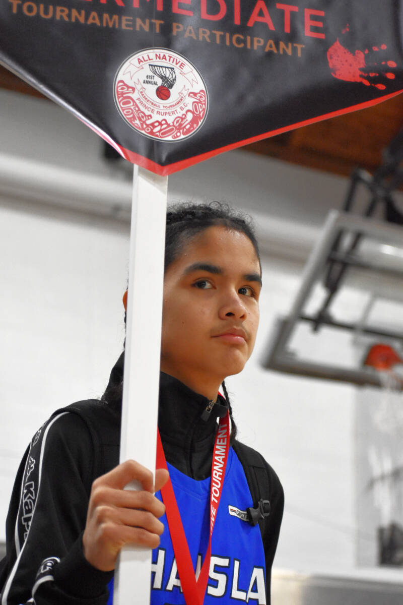 The 2022 ANTB will be at full capacity after the province lifted many COVID-19 restrictions. A Haisla intermediate team member during opening ceremonies at the 2020 All Native Basketball Tournament in Prince Rupert. (Photo: K-J Millar/The Northern View)