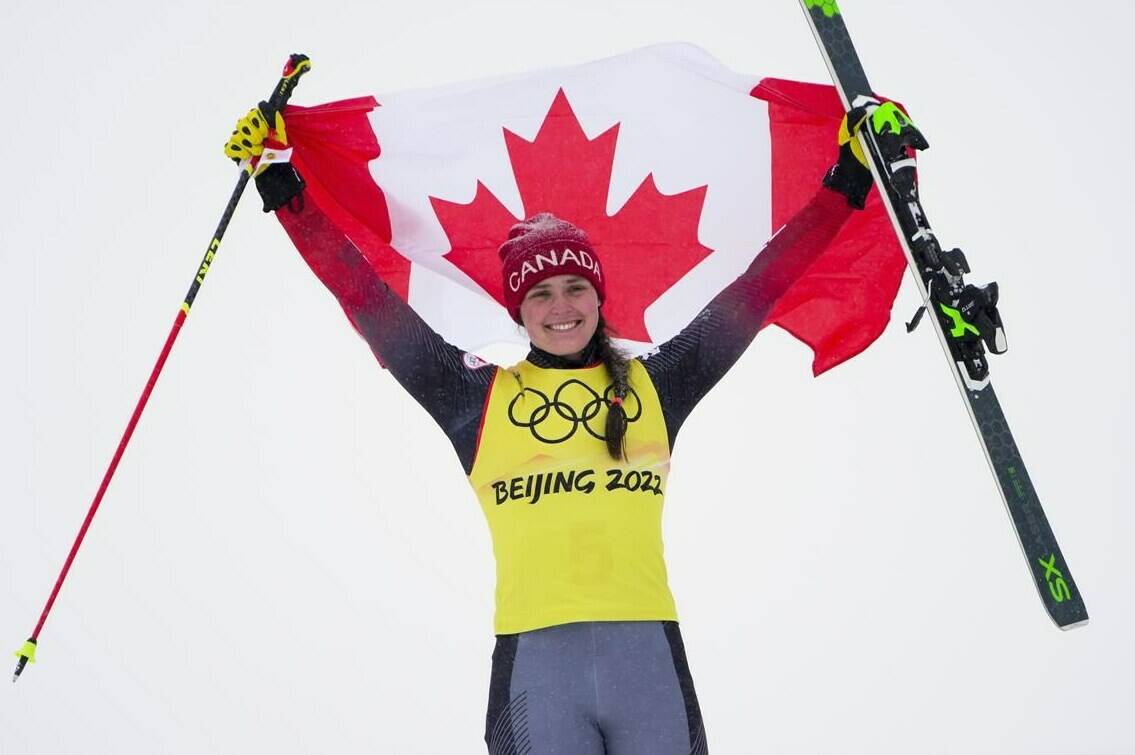 Canada’s Marielle Thompson celebartes winning a silver medal in women’s ski cross during the Beijing Winter Olympic Games, in Zhangjiakou, China, Thursday, Feb. 17, 2022. THE CANADIAN PRESS/Sean Kilpatrick