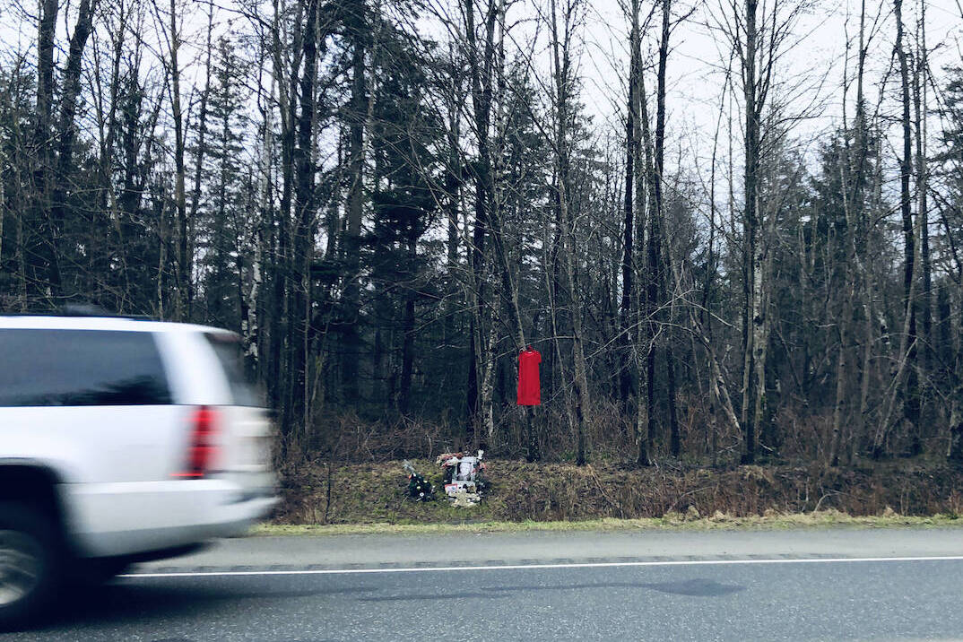 A red dress hangs on the side of the highway near Campbell River. Groups on Vancouver Island are hanging red dresses at prominent locations to raise awareness about Missing/Murdered Indigenous women on the island. (Photo by Binny Paul/Campbell River Mirror)
