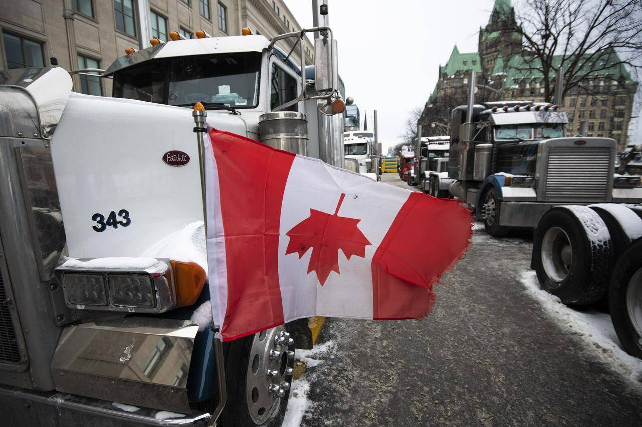 An upside down Canadian flag flies on the bumper of a vehicle parked on Wellington Street during a protest against COVID-19 restrictions and mandates in Ottawa, on Sunday, Feb. 6, 2022. The symbolism attached to national flags often revolves around patriotism, but experts say the Maple Leaf’s prominent appearance at COVID-19 mandate protests comes at a moment of reflection for Canada.THE CANADIAN PRESS/Justin Tang