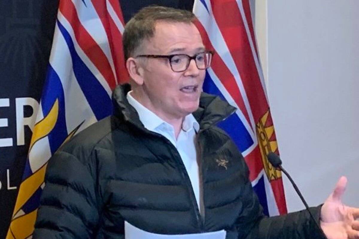 B.C. Liberal leader Kevin Falcon speaks to reporters at the B.C. legislature, Feb. 17, 2022. (Tom Fletcher/Black Press Media)