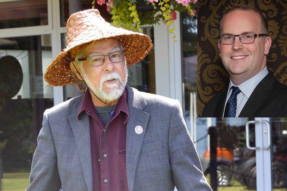 Qualicum First Nations chief Michael Recalma is grateful for Qualicum Beach councillor Scott Harrison (inset) for donating his kidney to him. (Submitted photo)
