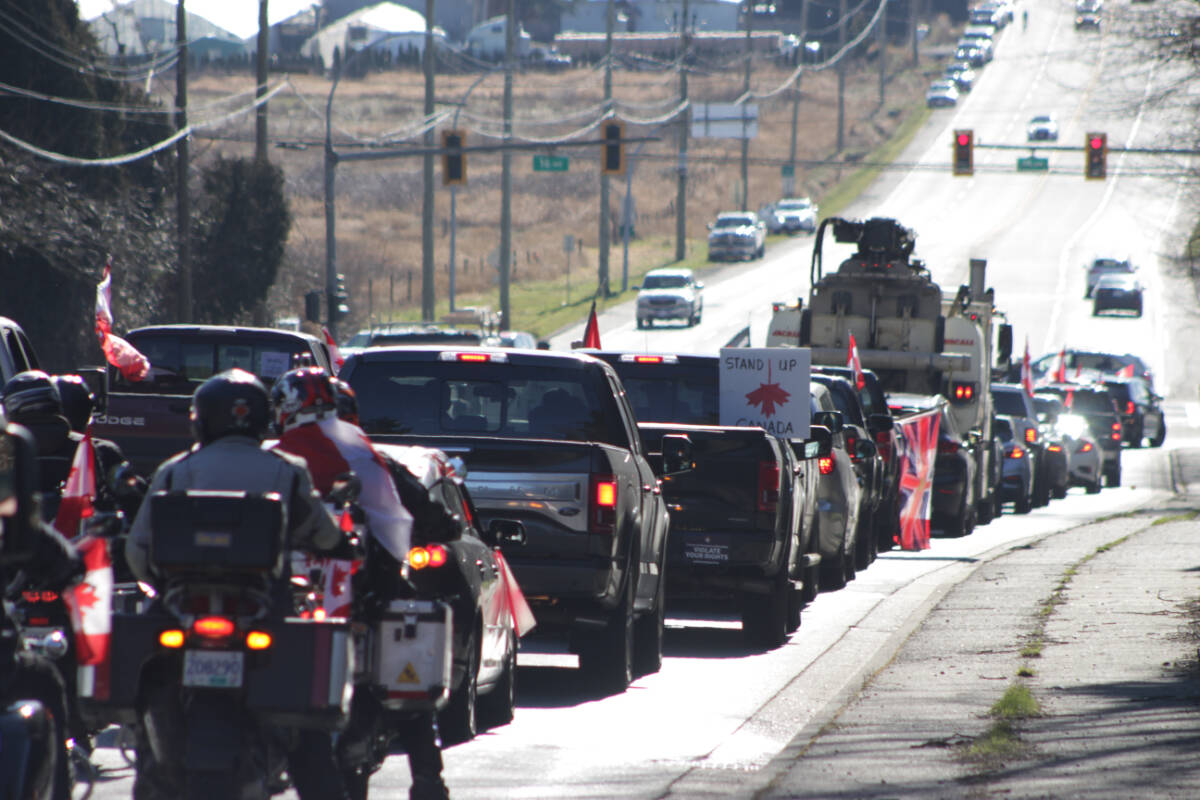 The “3rd Lower Mainland Freedom Convoy” arrived in South Surrey Saturday (Feb. 12) after starting in Chilliwack earlier in the morning. (File photo: Lauren Collins)