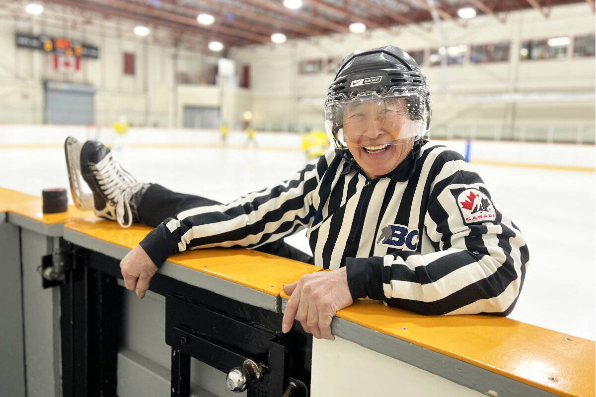 Roy Kozuki limbers up to ref a Williams Lake Minor Hockey Association U18 house game recently at Cariboo Memorial Recreation Complex. At 78, Kozuki has been reffing hockey for 45 years now and says he enjoys the work as it’s fun and it keeps him in shape. (Angie Mindus photo - Williams Lake Tribune)