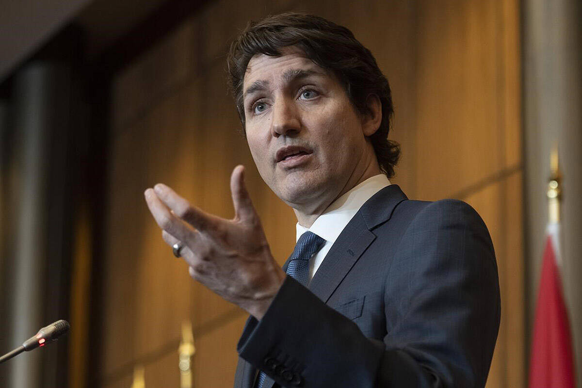 Canadian Prime Minister Justin Trudeau responds to a question during a news conference, Monday, February 21, 2022 in Ottawa. THE CANADIAN PRESS/Adrian Wyld